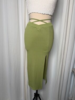 Olive Green High-Waist Midi Skirt with Crisscross Waist